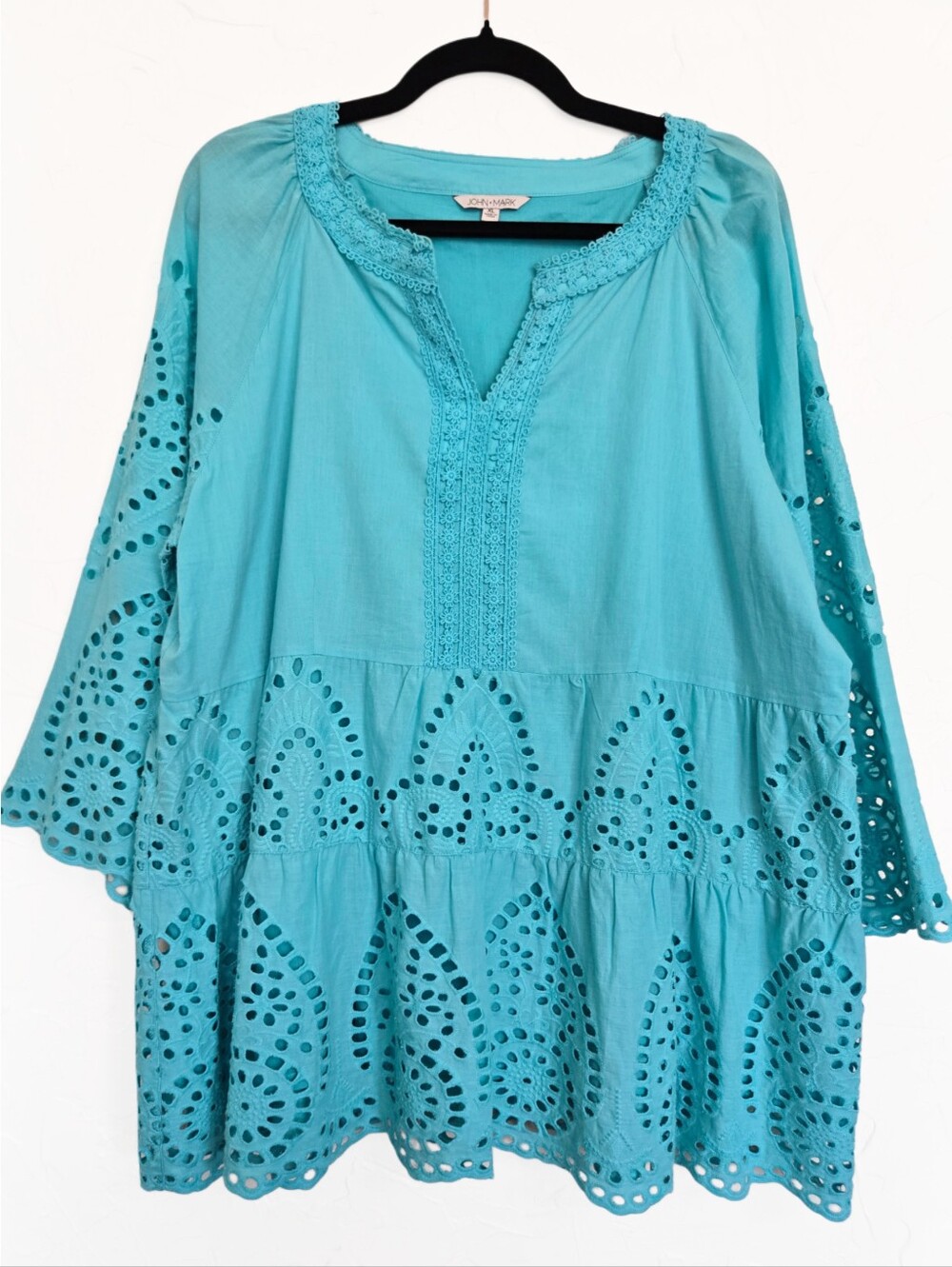 John Mark Eyelet Turquoise Boho Tiered Top, XL